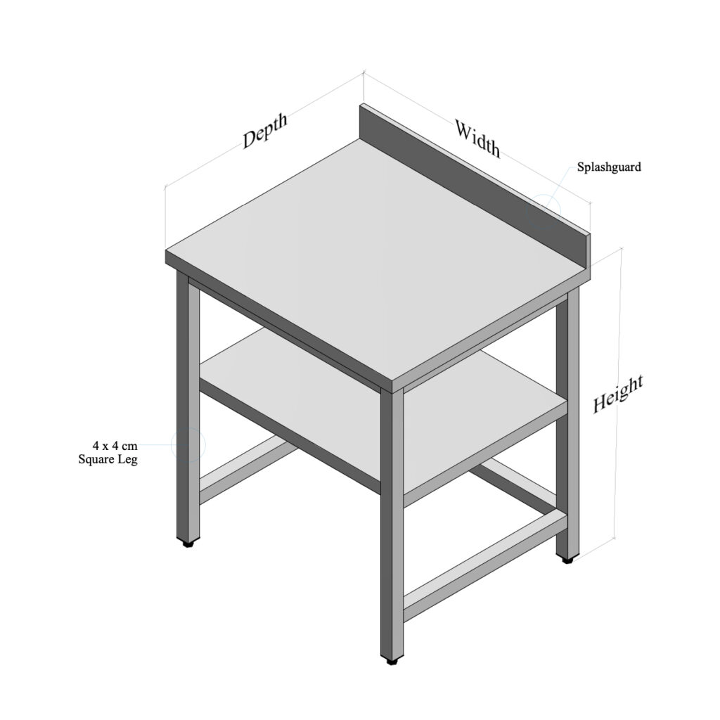 Stainless Steel Table with Backsplash, Middle Shelf and Open Base
